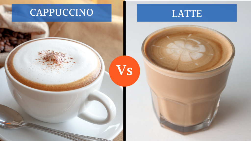 Side-by-side view of a latte and a cappuccino in clear cups showing milk foam and espresso layers