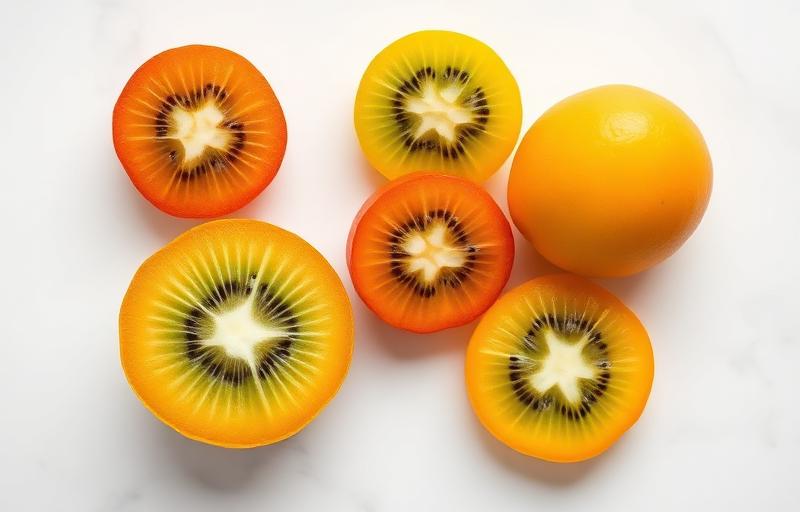 Side-by-side comparison of a kiwi and a kumquat showing outer skin and cross-sections
