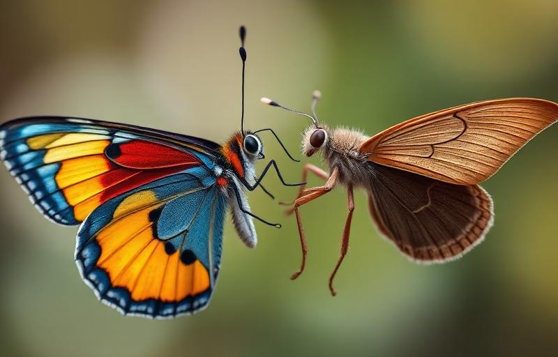 Side-by-side comparison of a moth and a butterfly showing differences in wing shape and antennae